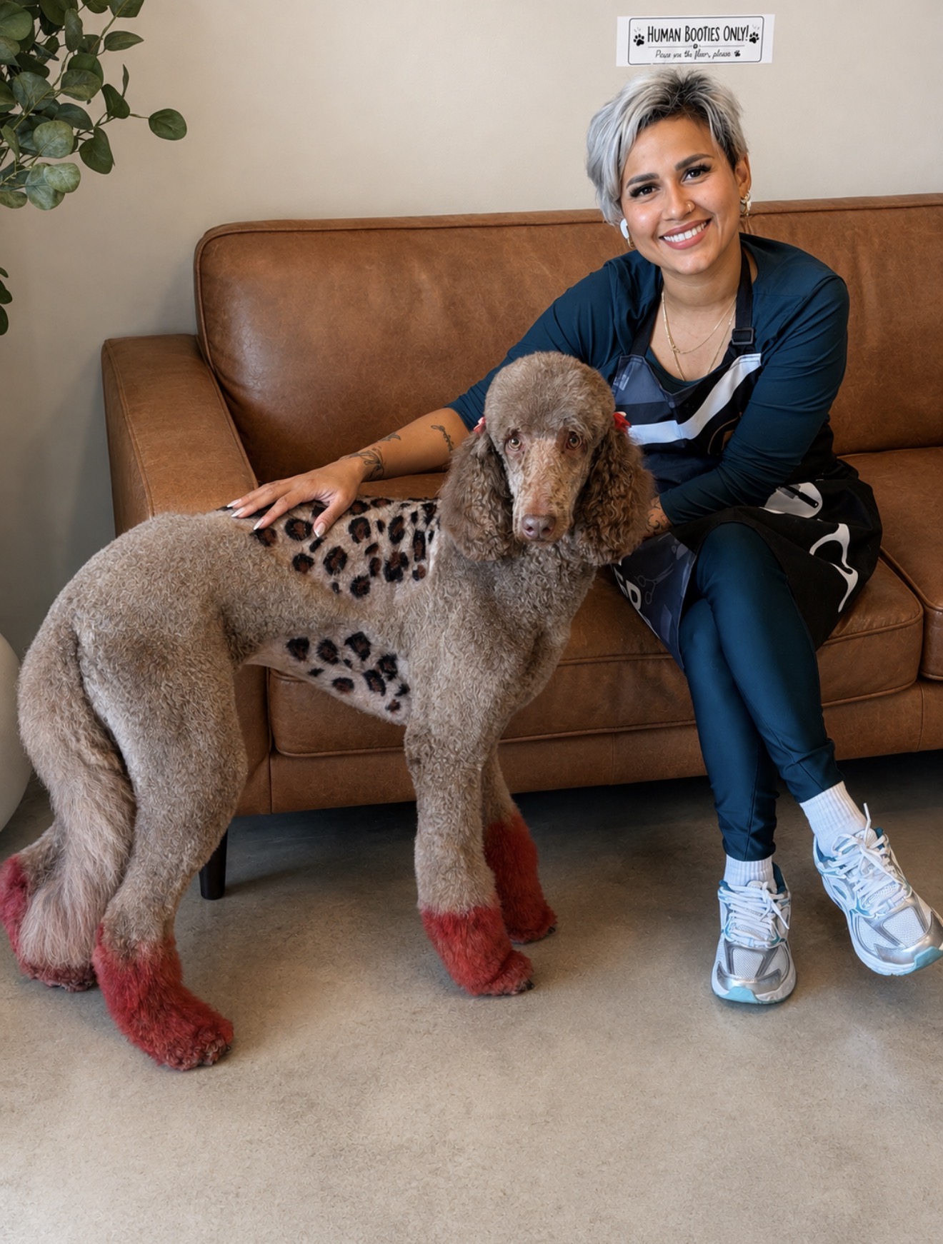Michelle with a brown poodle featuring leopard print and red paws at Pawsh