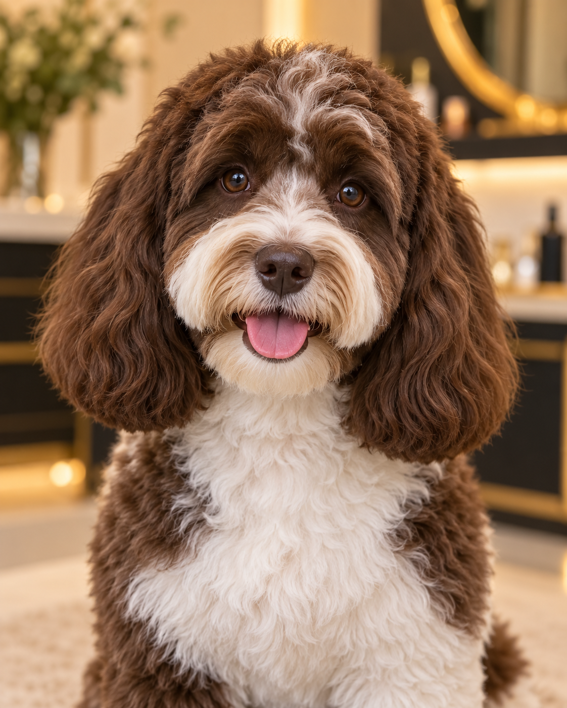Fluffy chocolate and white doodle portrait, illustrative image