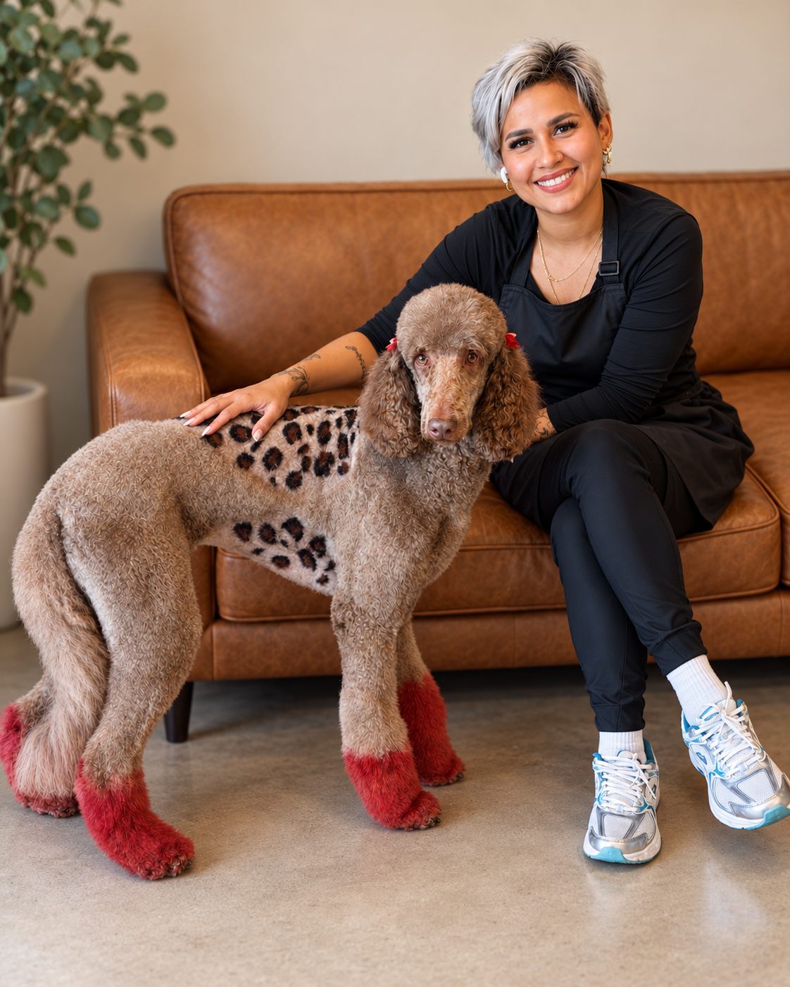 Michelle Miranda, founder of Pawsh Pet Grooming, with a creatively groomed poodle